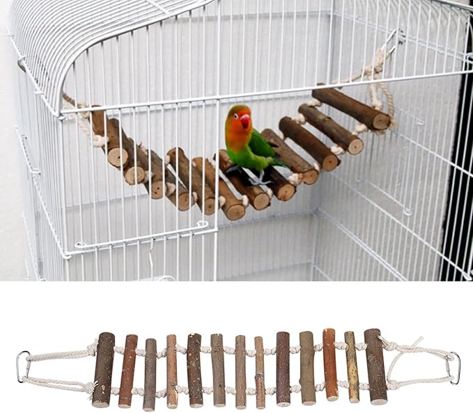 Bird Cage Ladder, 24 x 3.9in Bird Bridge, Wooden Rope Ladder Bird Toy with Metal Hooks for Budgie, Lovebirds, Cockatoo and Other Small Sized Animals