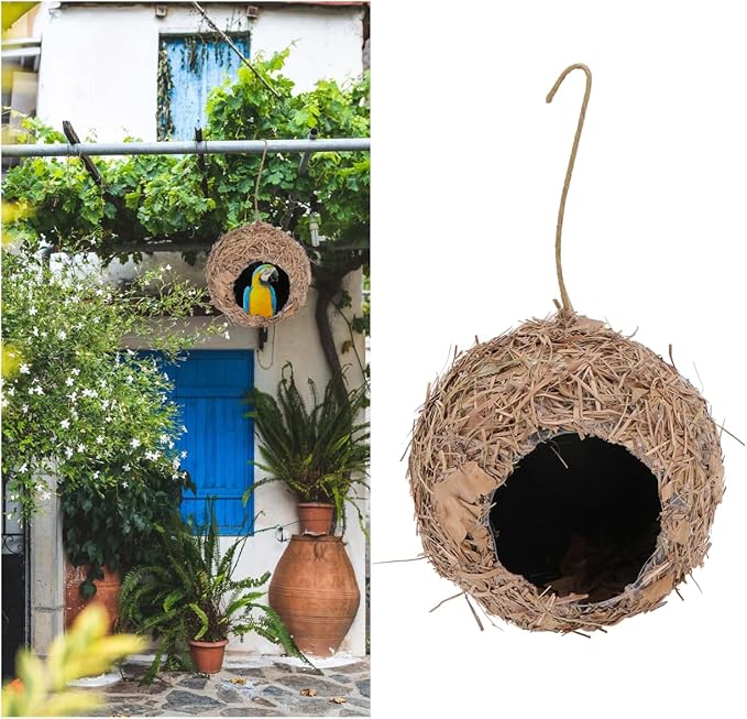 BESPORTBLE Hanging Straw Bird Nest, Outdoor Decorative Birdhouse for Garden, Micro Landscape Adornment, Safe Shelter for Birds, Coffee, 3.93 X 3.93 X 3.54 Inches