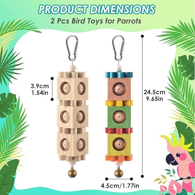 DBNESS 2 PCS Bird Chew Toys for Beak Grinding, Hanging Rotating Wood Block with Bell Parrot Foraging Enrichment Chewing Toy for Small to Medium Conure Cocktie Caique Similar Sized Pet Birds