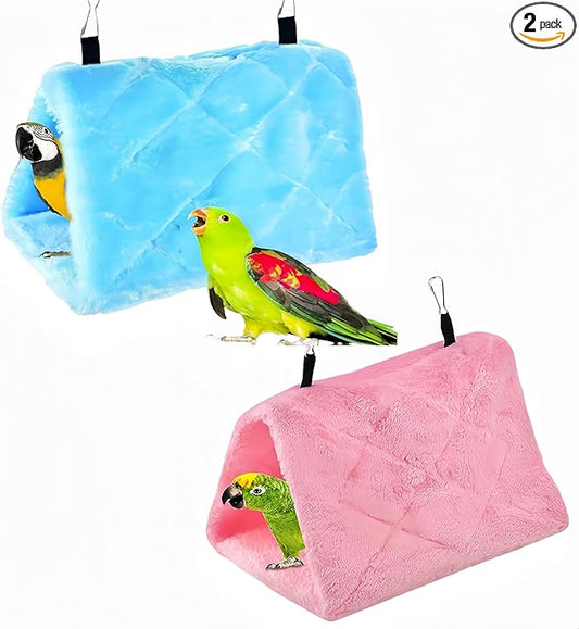 2 Pack Warm Bird Nest House Bed Hanging Hammock Sleeping Bed Plush Hanging Snuggle Cave Happy Hut for Pet Parrot Cockatiel Cockatoo Parakeet Conure African Grey Macaw (Blue&Pink)