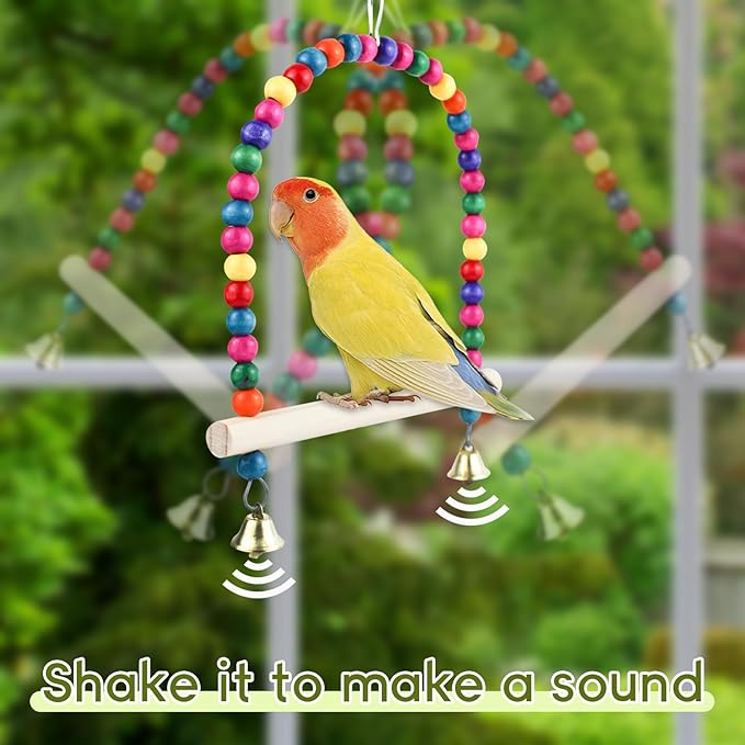 Wooden Bird Swing, 9 Inches Hanging Birds Cage Perches with Playing Bell, Natural Bird Chew Toys Boredom Breaker Bird Toys for Parakeets, Budgie, Cockatiel (Colorful, L)