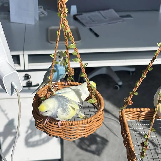 Hanging Rattan Bird Nest for Cage, Bird-Safe Vine Swing Perch with Leaves, Washable Chew-Proof Hammock Nest for Lovebird Cockatiel Budgie Conure, Cage Decoration & Rest Toy for Small Birds(Round)