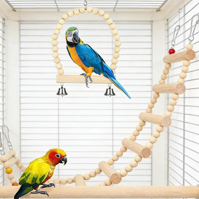 Bird Toys cage Accessories Parakeet Parrot Swing Wood Stand Perch Hemp Rope Toy Interactive Hanging Swing Toy for Budgerigar Conure Cockatiel mynah Finches