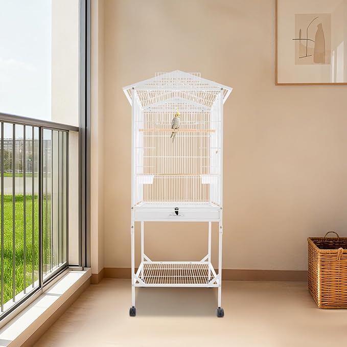 Extra Large Bird Cage 54Inch Wrought Iron Bird Cage with Rolling Stand Metal Parrot Cage with Open Play Top Perch Stand for Conures Lovebirds Cockatiels Finches (White)