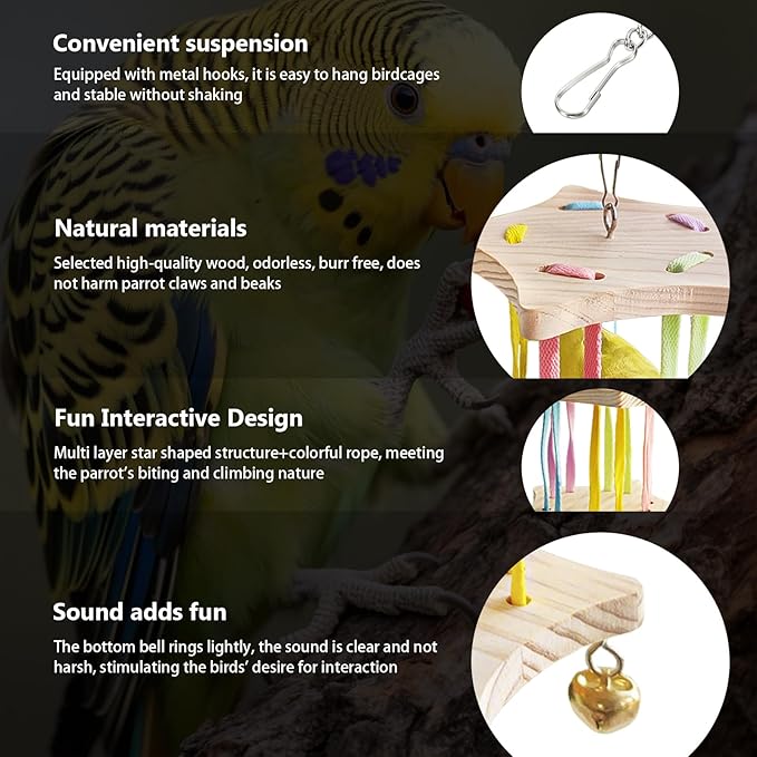 Bird Stand Perch Toy,Interactive Rocking Parakeet Toy and Perch, Wooden Exercise Wheel Cockatiel Toy, Intelligence Puzzle Enrichment Toys,Bird Playground Play Stands for Conure Budgie(E)