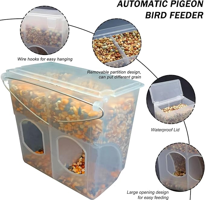 Automatic Pigeon Bird Feeder Water, Plastic Feeder Water Dispenser Drinkers for Cage, No Mess Hanging Parrot Food Feeding, Cage Accessories for Parakeet Quail Bird Chicken (2 Hole - Iron Wire)