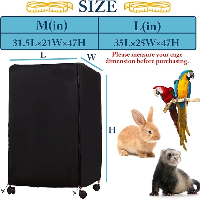 Universal Bird Cage Cover,Pet Cage Cover,100% Shading Oxford Cloth with PU Coating Layer,Good Night for Small Animals,Adjustable Soft Airy Nylon Mesh Net for Round Square Cages (Black, 31.5×21×47in)