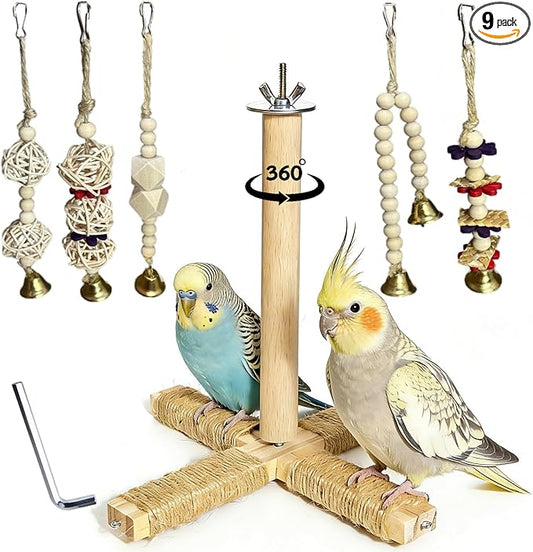 360° Rotating Bird Perch Stand - 4 Perches + 5 Natural Chew Strand, Natural Bird Cage Accessories, for Small & Medium Birds Parakeets Cockatiels Lovebirds Budgies