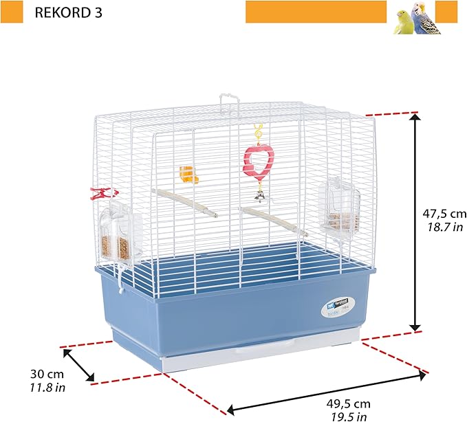 Ferplast Bird Cage Canary Cage Rekord 3, Complete with Accessories and Rotating Feeders, Sturdy White Painted Metal and Blue Plastic Bottom, 49 X 30 XH 48.5 cm