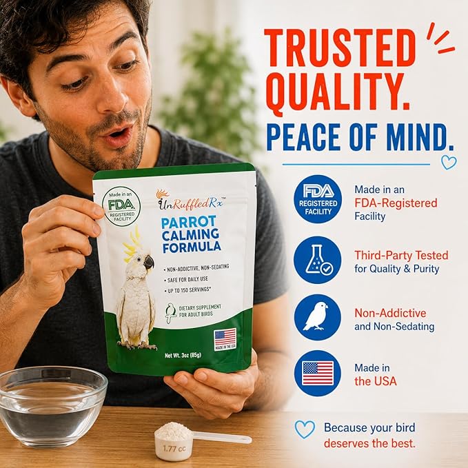 UnRuffledRx™ Calming Formula for Parrots – Bird Supplement that Supports Relaxation During Stressful Events Like Fireworks, Travel, and Visitors – 150 Servings – Made in USA