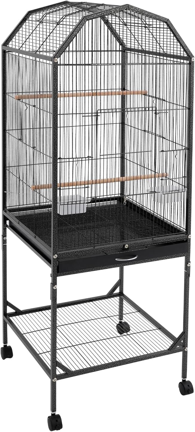 Large Bird Cage with Stand & Wheels, Freestanding Parakeet Birdcage, 53.5 Inch Bird Flight Cages for Parrot Canaries Cockatiels Budgie Parrotlet (Black-B)