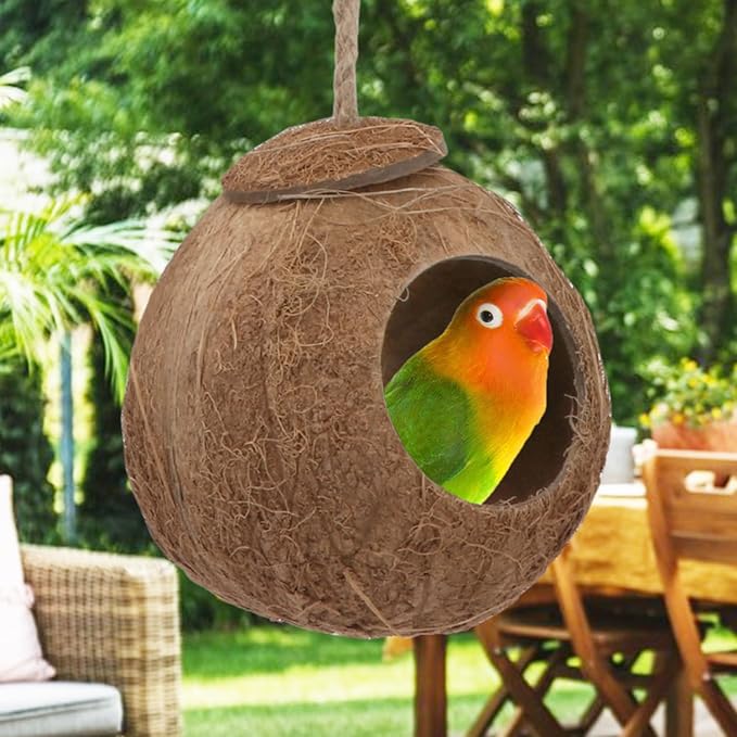 Hypeety Natural Coconut Shell Bird Nest House Hut for Pet Parrot Canary Finch Pigeon Cage Hamster Rat Gerbil Mice Cage Seed Feeder Toy (with Sturdy Hook)