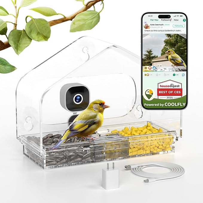 Smart Window Bird Feeder Camera with AI, Modern Design for Panoramic Views, 2K HD Live Feed, USB Powered & Secure Suction Mount - The Ultimate Tech Gift (Clear)