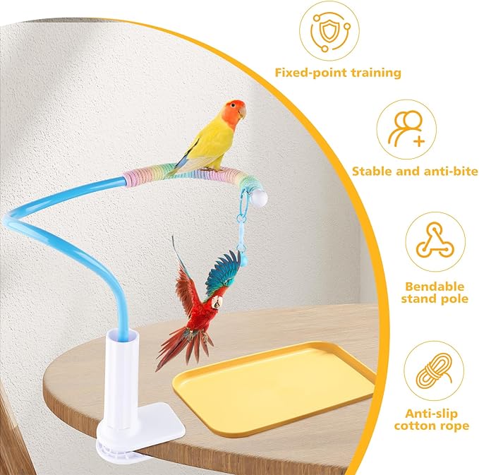 Bird Perch Stand,Bendable Desktop Parrot Training Stand with Tray,Easy to Clean Bird Tabletop Platform Toy,Parakeet Playground Play Stand for Lovebirds Pigeon Budgies,Small Animals（Blue）