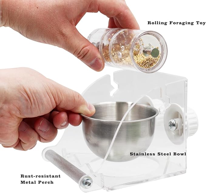 Interactive Bird Feeder with Rolling Foraging Toy - Clear Acrylic Treat Dispenser & Stainless Steel Bowl for Small to Medium Birds | Cage-Mounted with Rust-Resistant Metal Perch