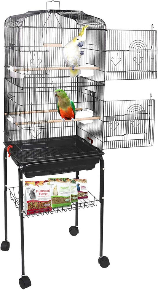SUPER DEAL 59.3 Rolling Bird Cage Large Wrought Iron Cage for Cockatiel Sun Conure Parakeet Finch Budgie Lovebird Canary Medium Pet House with Rolling Stand & Storage Shelf
