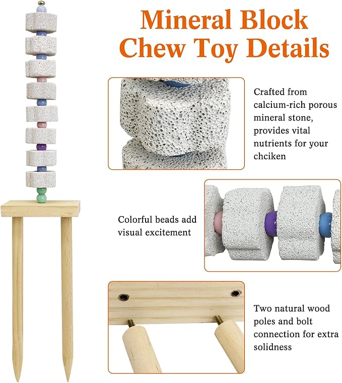 Hamiledyi Chicken Chewing Toy 2 Pack Chicken Coop Accessories with Calcium Stone & Wood Stake Enrichment Toys for Hens, Ducks, Geese, Cockatiel, Parakeet, Parrot, Budgie