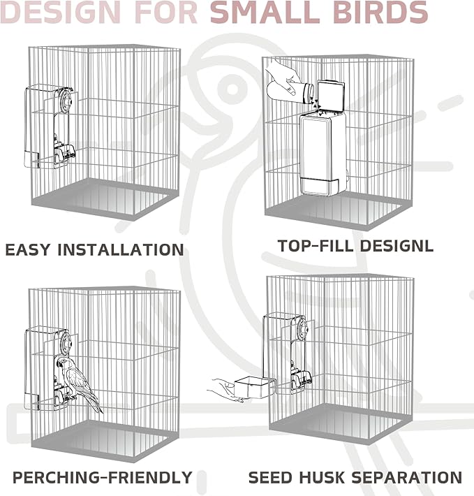 Automatic Bird Feeder, Bird Cage Feeder with Perch for Parakeet Canary Cockatiel Finch (Pink)