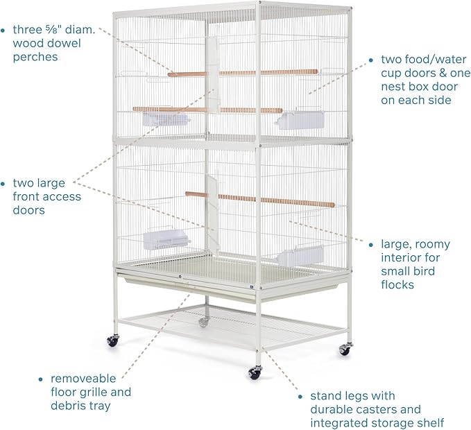Prevue Pet Products Wrought Iron Bird Flight Cage with Wheels - Large Birdcage for Parakeets, Canaries, Finches, Cockatiels, Lovebirds, Green Cheeks, Metal Standing Birdcage - Chalk White