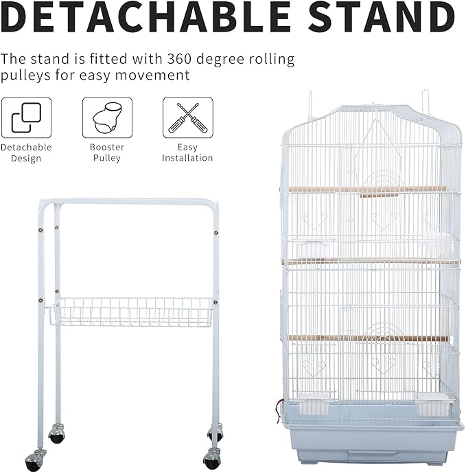 HCY Open Top Standing Bird Cage 64 Inch with Rolling Stand for Parakeets Cockatiel Parrots Lovebirds Medium Small Bird Cage-White L17 * W13 * H64 inches