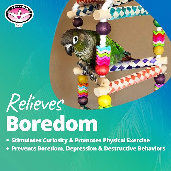 Super Bird Creations SB51113 Finger Trap Pagoda Bird Toy - Satisfies Chewing for Canary Finch Parrotlets Cockatiels - Vibrant Design with Cotton Rope, Beads, & Rings - Medium Size Birds, 14.5"x7"x7"