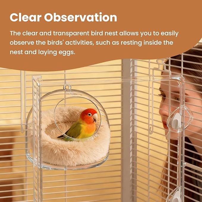 Bird Flat-Bottomed Nest for Cage Clear Transparent Observation Hanging Bite-Resistant Washable Bird House, Parakeet Breeding Nesting Plush Warm Bird Bed for Parrot Budgie Lovebird Canary