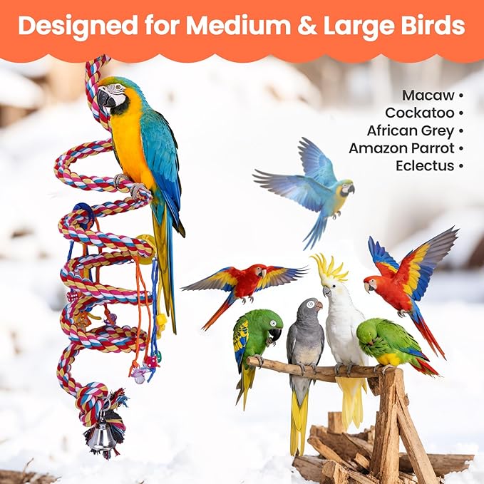 Ultra Long Bird Toys for Large Parrots - 110'' Heavy Duty Cotton Rope Birds Toy Swing, Spiral Hanging Bird Toys with Bell & Acrylic for Macaws, Cockatoos, Greys, Enrichment Parrot Toys