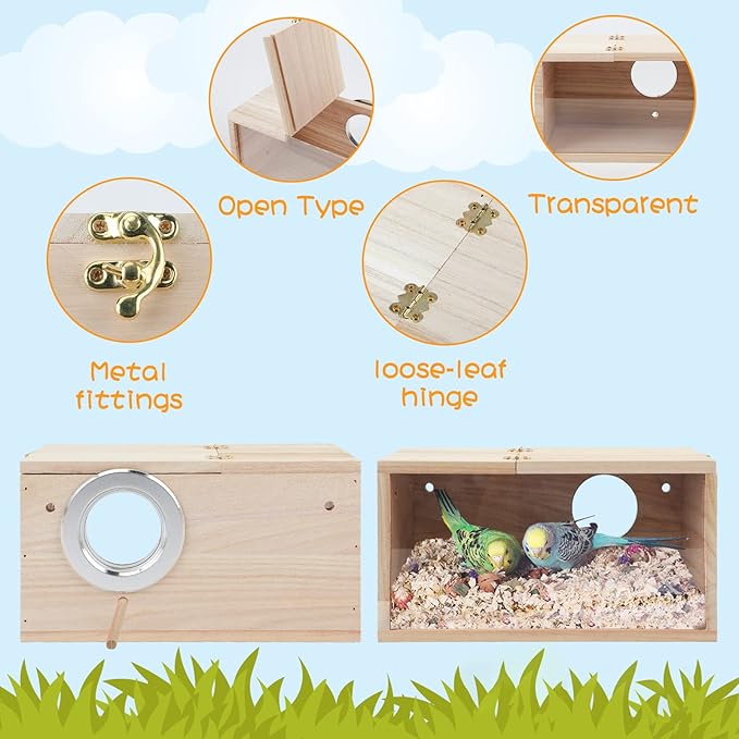 Rypet Parakeet Nesting Box Transparent Design, Thwartwise Bird Nest Breeding Box with Perch Wood Bird Cage House for Cockatiel Lovebirds Budgie Finch Parrotlets Canary L