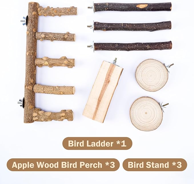Bird Perches for Cage, 7PCS Natural Wood Bird Cage Accessories, Parakeet Toys Parrot Perch Stand for Parakeets, Budgies, Cockatiels, Lovebirds, Conures, Bird Ladder