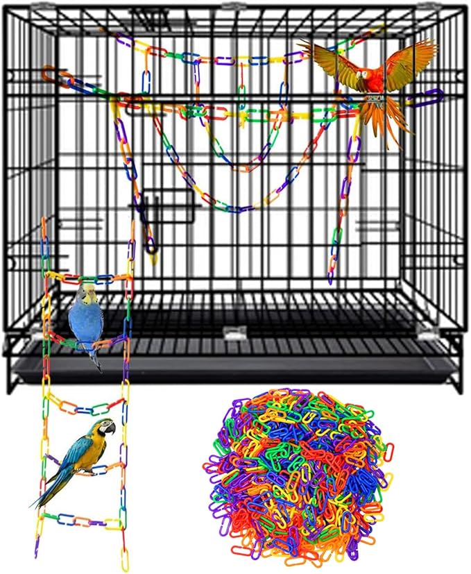 600-Piece Rainbow Plastic Chain Links & Toys - Interlocking C-Clip Bird Cage Accessories for Parakeets, Sugar Gliders, Small Pets (Climbing/Swinging Toys)