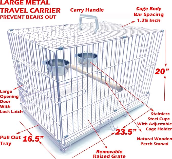 Large Portable Durable Metal Travel or Veterinary Easy Collapsable Parrot Bird Carrier Bite-Proof Carrier Cage Easy Clean Pull Out Tray Stainless Steel Feeder Bowls Natural Wooden Perch