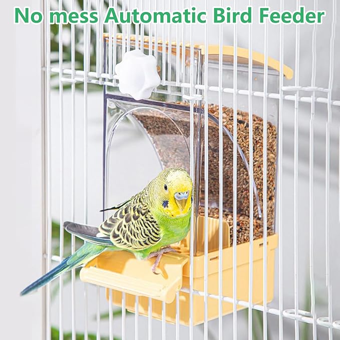 Hamiledyi Automatic Bird Feeder No Mess Bird Cage Feeder Transparent Acrylic Parrot Seed Food Container with Perch Cage Accessories for Parakeet Finch Lovebirds Budgies Canary (Yellow)
