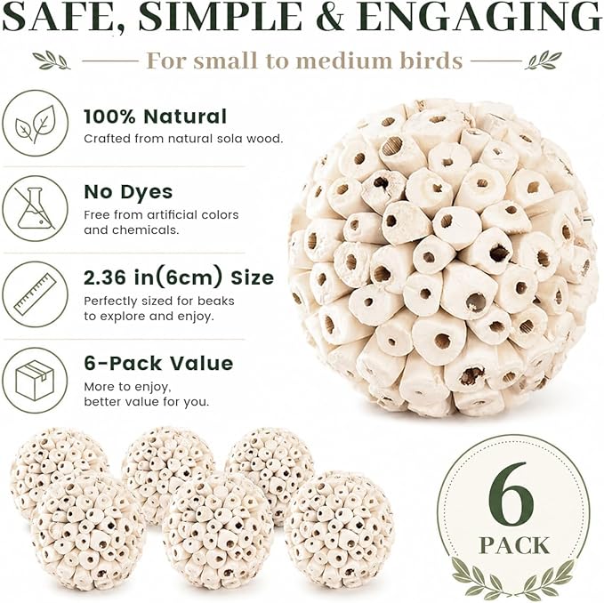 Bird Toys Sola Balls 2.36'' - 6PCS, Bird Foraging Toy, Soft Sola Atta Ball, Parrot Chew Shred Toy for Sharpening Claws and Beaks for Cockatiel, Parakeets, Conure, Love Birds, Budgie and Small Birds