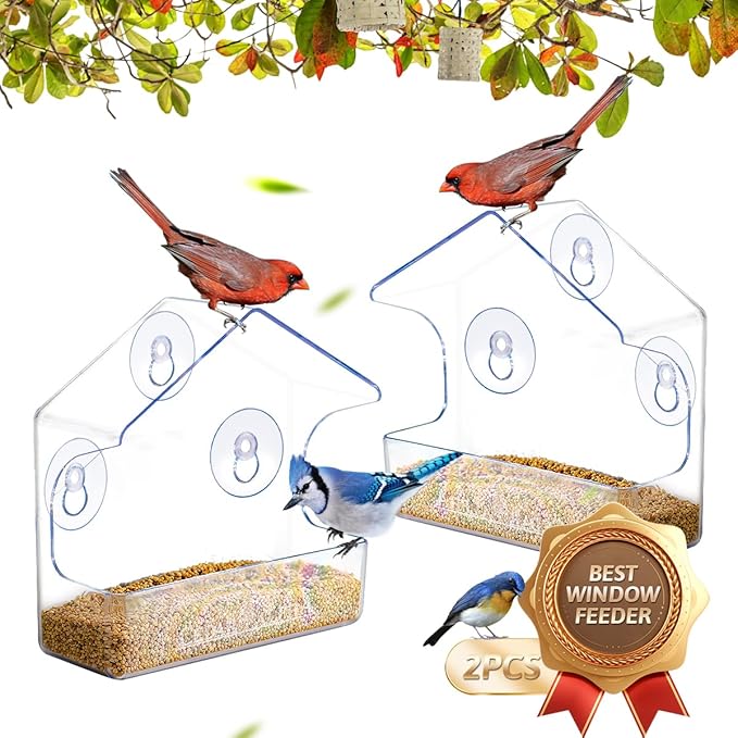 2Pk Window Bird Feeder for Outside, Window Birdfeeder with Strong Suction Cups, Bird Feeders for Viewing (Clear) Acrylic - High Transparency, Multifunction for All Kinds Seeds, Robust 1/8“ Thick