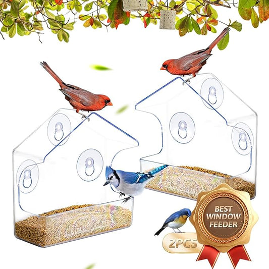 2Pk Window Bird Feeder for Outside, Window Birdfeeder with Strong Suction Cups, Bird Feeders for Viewing (Clear) Acrylic - High Transparency, Multifunction for All Kinds Seeds, Robust 1/8“ Thick