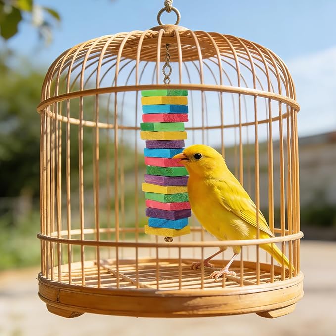 NOLITOY 100Pcs Wooden Parrot Chewing Toy Blocks with Hole Bird Bite Toy for Cockatiels Parakeets Macaws African Grey DIY Wood Chip Design for Pet Entertainment and Skill Development