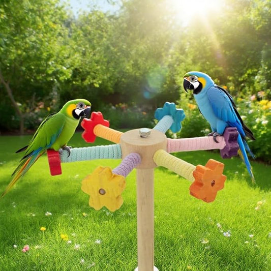 Flower Bird Stand Perch Toy, Interactive Spinning Parakeet Toys, Wooden Exercise Wheel Parrot Toy, Colorful Enrichment Cockatiel Toy for Birds Cage, Bird Cage Accessories Perch Toys for Budgies