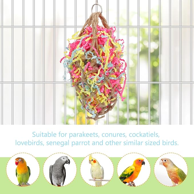 Wontee Bird Jute Paper Strips Parrot Mesh Bag Hanging Chewing Toy for Parakeet Cockatiel Conure Cockatoo African Grey Macaw