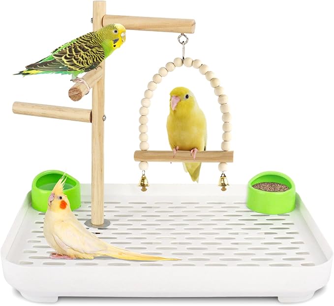 4 In 1 Bird Playground Stan with Large Tray, Food Bowl, Wooden Bird Play Stand and Swing, Play Gym & Accessories for Parrots Cockatiels Conures Parakeets Lovebirds