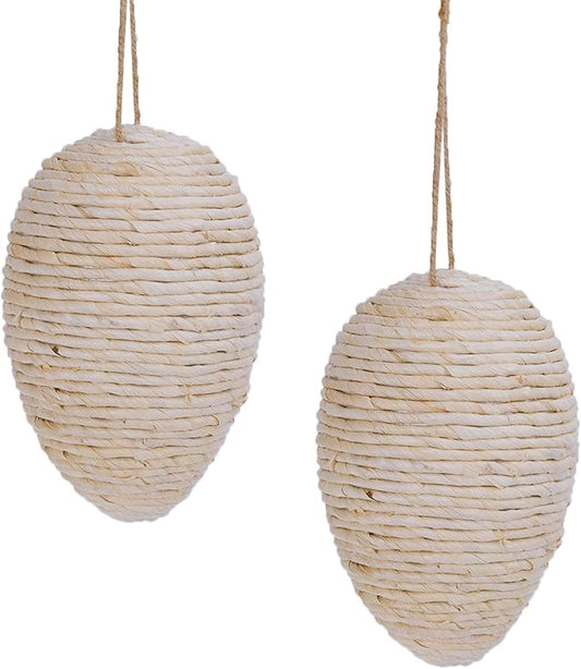 Brownlily 2 Pack Woven Corn Husk Wasp Nest - Sturdy Foam Core Holds Shape, Waterproof Hanging Hornet Deterrent for Patio, Garden, Porch - Rope Woven