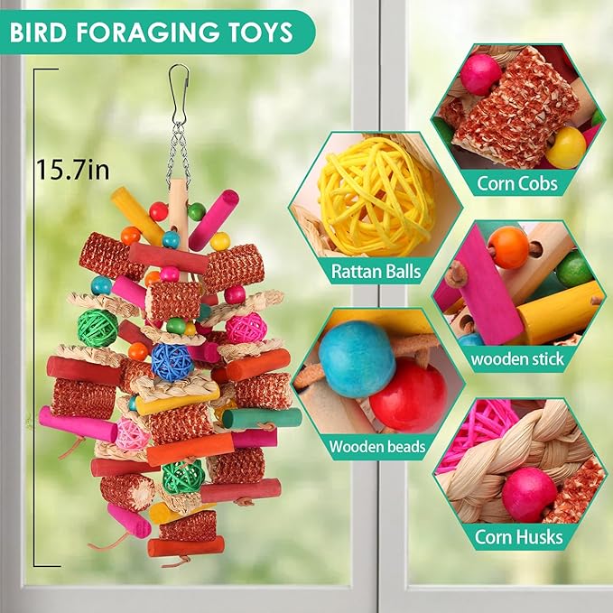 Kyouki Parrots Toys for Cockatiels, Budgies, Conures, Lovebirds, Quakers, Parrotlets, Caiques, Senegals, Meyer's & Other Small/Medium Birds - Natural Chewing & Foraging Toy with