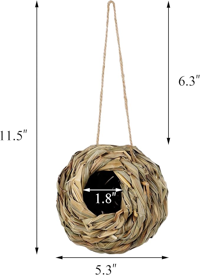 winemana 4 Pack Hanging Bird Nest House for Outside, Ball Shape, Hand Woven, Durable Sturdy, Made of Natural Grass, Perfect for Garden Patio Lawn Office Indoor