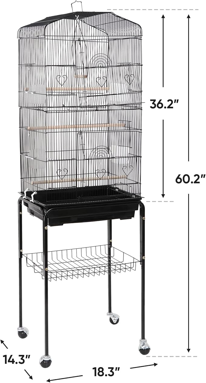 59.3-Inch Bird Cage, Wrought Iron Parrot Cage with Slide-Out Tray, Storage Shelf, Detachable Rolling Stand, Pet Bird House for Parrot Cockatiel Cockatoo Parakeet Macaw Finches