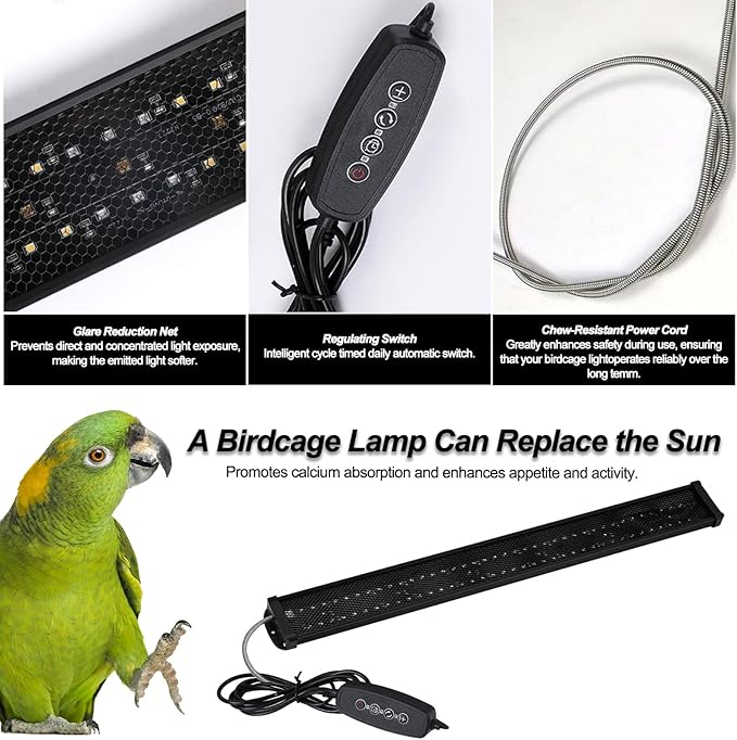 Bird Light for Cage,Full Spectrum LED Birdcage Lighting,Bird Lamp with Intelligent Cycle Timing,Natural Sunlight Simulation,Chew-Proof Design,Bird Cage Accessories for Captive Birds Parrots(22" Long)