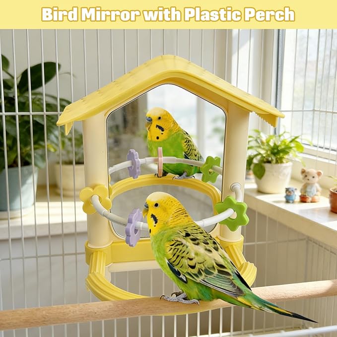 kathson Bird Mirror with Plastic Perch and 5PCS Colorful Rattan Balls Parakeet Hanging Swing with Mirror Interactive Toy Bird Cage Accessories for Cockatiel Parrot Conures Cockatoo Finch(Yellow)
