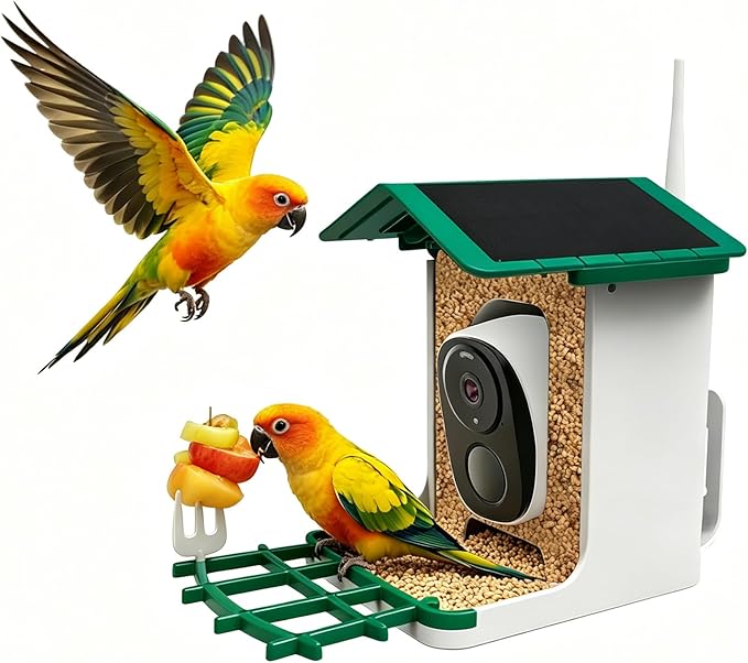 Smart Bird Feeder with Camera Solar Powered & AI Bi rd Identification, 3MP Ultra HD.2.4Ghz WiFi Bird feeders for Outdoors,2.1L Capacity, IP65 Waterproof,Mobile Remote Control,Full-ColorNight Vision