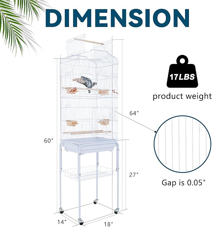 Birdcages, 64 in Play Open Top Indoor/Outdoor Iron Large Bird Cage, Floor-Standing with Casters Detachable Rolling Stand Parrot Cage for Parrots Conures Lovebird Cockatiel Parakeets (White)