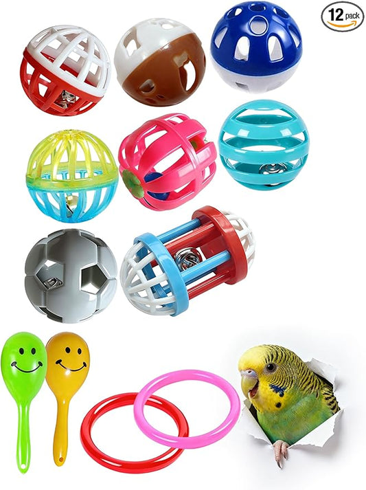 12 Pack Bird Toys, Colorful Chew Bells Balls, Safe Foot Toys for Small Medium Birds, Parakeets Cockatiels
