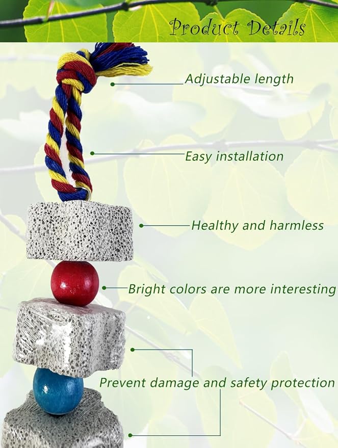 2Pcs Parrot Chewing Toy, Bird Beak Grinding Calcium Stone Toys with Bell, Bird Perch Cage Toys for Cockatiel Parakeet Parrot Budgies Rat Hamster Rabbit Bunny African Grey