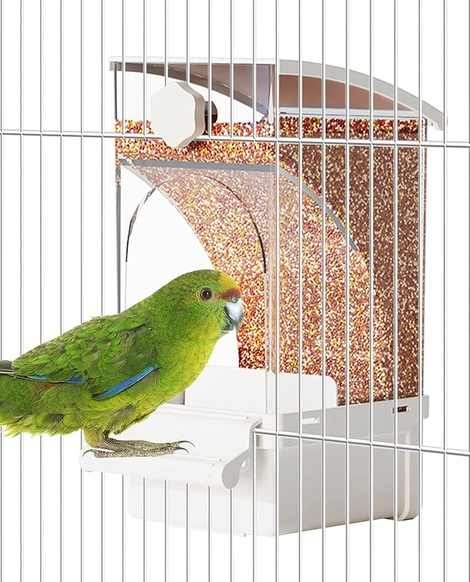 BNOSDM No Mess Bird Feeder Transparent Automatic Bird Cage Feeder with Perch Acrylic Parrot Food Container Parakeet Cage Accessories for Parakeets, Budgies, Cockatiel, Finch, Canary, Lovebird (White)